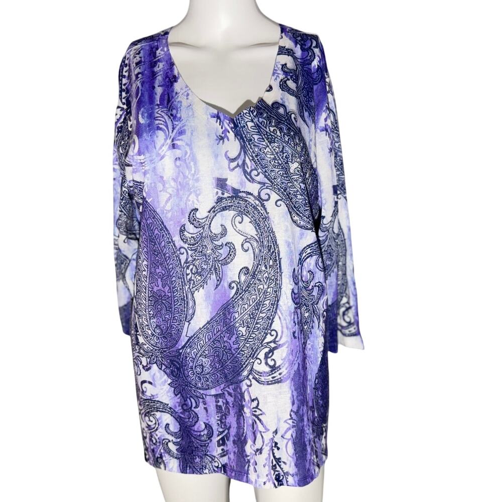 Chico’s Purple Paisley Tunic • 3/4-Sleeve V‑Neck • Size L